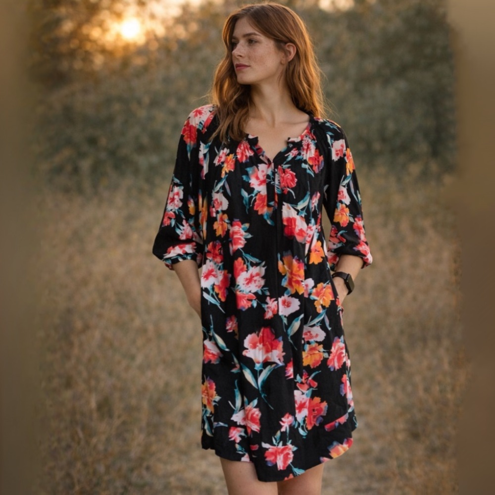Eva Mendes By NY & Co Black Liberty Floral Tunic Dress Oversized XS